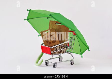 Shopping cart with paper shopping bag with recycling symbol under green umbrella - Concept of ecology and green shopping Stock Photo