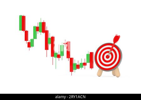 Green and Red Trading Financial Candlesticks Pattern Chart with Archery Target and Dart in Center on a white background. 3d Rendering Stock Photo