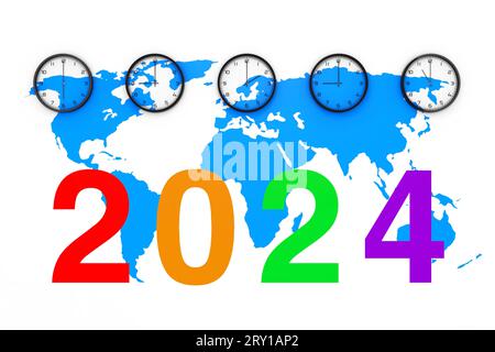 2024 calendar with world map and time zones Stock Photo - Alamy