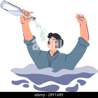 Alcohol addiction, man drinking, and drowning Stock Vector