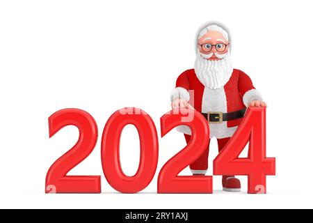 Cartoon Cheerful Santa Claus Granpa with Red 2024 New Year Sign on a white background. 3d Rendering Stock Photo