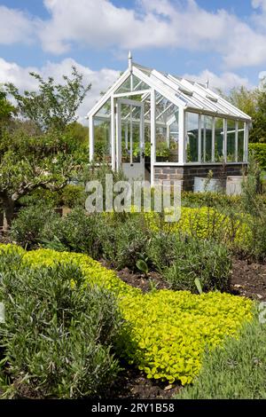 A garden plot with seedbeds and a glass greenhouse in the centre of kitchen garden. A suburban or rustic backyard for gardening. A warm summers day. Stock Photo