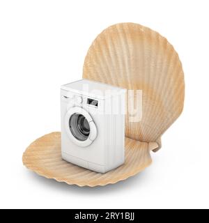 Abstract Modern Fashion Elegant Washing Machine in Beauty Scallop Sea or Ocean Shell Seashell on a white background. 3d Rendering Stock Photo