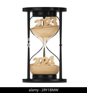 New 2024 Year Concept. Sand Falling in Hourglass Taking the Shape from 2023 to 2024 year on a white background. 3d Rendering Stock Photo