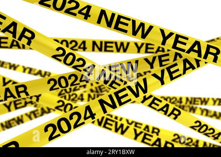 Caution Yellow Tape Strips with 2024 New Year Sign on a white background. 3d Rendering Stock Photo