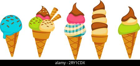 Ice cream with chocolate topping, gelato types Stock Vector