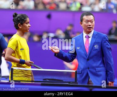 September 28, 2023, Hangzhou, Zhejiang, China: Table Tennis - Women's Singles Round of 32.#35 AKULA IND - PYON SGP India Lost by 0-3.ANKULA in action (Credit Image: © Seshadri Sukumar/ZUMA Press Wire) EDITORIAL USAGE ONLY! Not for Commercial USAGE! Credit: ZUMA Press, Inc./Alamy Live News Stock Photo