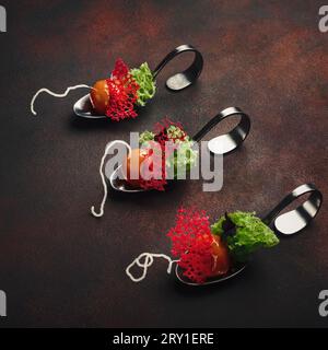 Molecular modern cuisine galantine duck in spoons on rusty background. Top view. Stock Photo