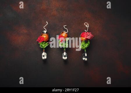 Molecular modern cuisine galantine duck in spoons on rusty background. Top view. Stock Photo