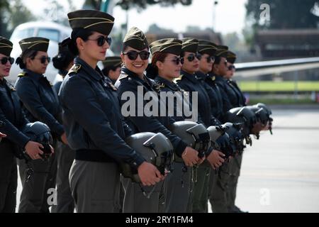 Colombian police helicopter pilots during an event at the CATAM - Airbase in Bogota, where the United States of America embassy in Colombia gave 3 Loc Stock Photo