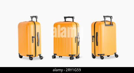 Set of stylish plastic suitcase for travel with wheels and retractable handle front and side view on white background. Light baggage bag for vacation Stock Photo
