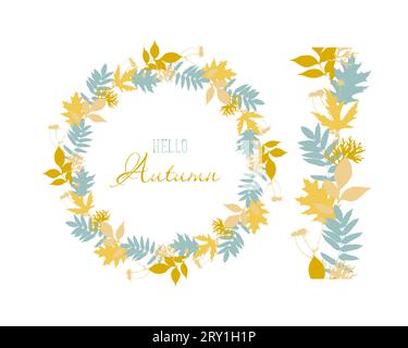 Brush seamless pattern with leaves and wreath of autumn leaves with Hello Autumn, isolated, on white background. Vector illustration Stock Vector
