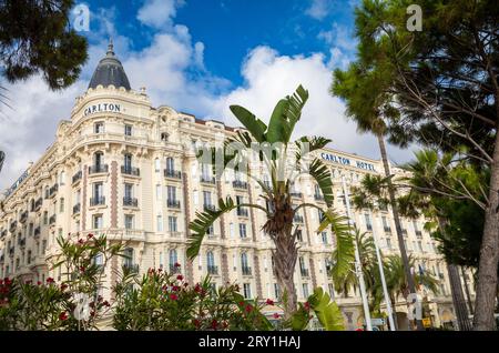 The luxury Carlton Hotel  located on the Boulevard de la Croisette, directly opposite the Mediterranean Sea, in Cannes, France. One of the most iconic Stock Photo