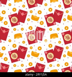 Chinese New Year Red Envelopes Seamless Pattern Design with Chinese Character 'Fu' meaning 'Good Luck' or 'Fortune' Stock Photo