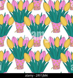Abstract endless pattern of colorful tulip bouquets in trendy soft shades. Abstract backdrop texture. Isolate. EPS. Vector design for wrapping, poster, banner, greeting or invitation, label, wallpaper Stock Vector