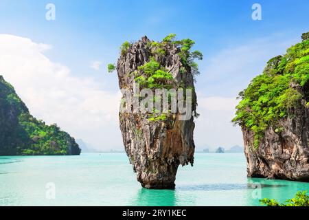 Famous  James Bond island near Phuket in Thailand. Travel photo of  James Bond island with beautiful turquoise water in Phang Nga bay, Thailand. Stock Photo