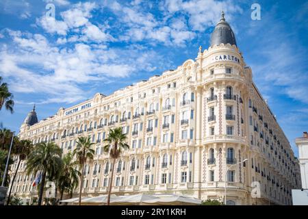 The luxury Carlton Hotel  located on the Boulevard de la Croisette, directly opposite the Mediterranean Sea, in Cannes, France. One of the most iconic Stock Photo