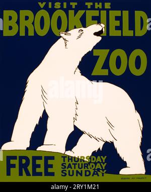 Visit the Brookfield Zoo, WPA poster, 1936  Visit the Brookfield Zoo, free Thursday, Saturday, Sunday. Poster for the Brookfield Zoo, Chicago, Illinois, showing a polar bear. Stock Photo
