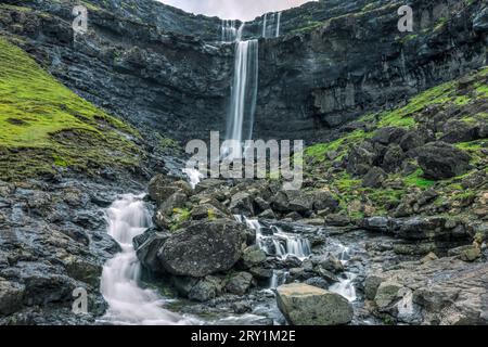 Fossa waterfall near Haldarsvik in the Faroe Islands Stock Photo