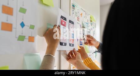 Close up ux developer and ui designer brainstorming interface wireframe design.Creative digital development agency Stock Photo