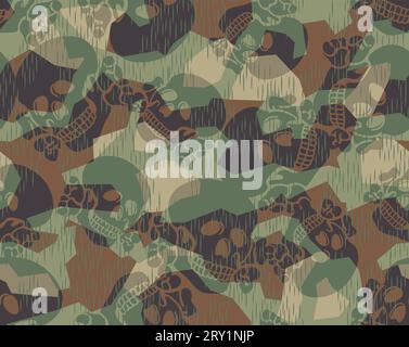 Camouflage geometric seamless pattern. Skull and bones. Woodland color scheme. Stock Vector