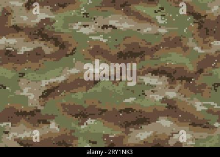 Woodland camouflage seamless pattern incorporating tiny pixels of black, brown, gray and white on a green background. Stock Vector