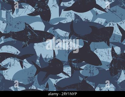 Grunge camouflage seamless pattern. Shark silhouettes. Navy color scheme, Stock Vector