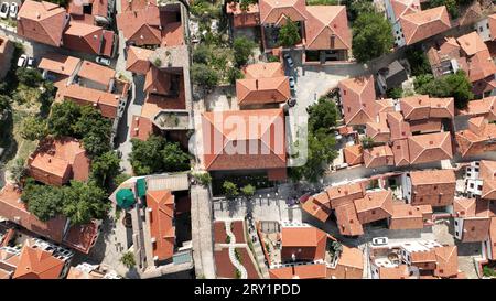 A photo taken with a drone of traditional Turkish houses inside Ankara Castle. Stock Photo