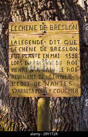 France, Plechatel, 35, Breslon oak.France, Plechatel, 35, Breslon oak legend, engraved on a wooden panel. Stock Photo