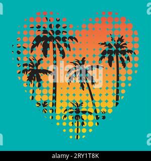 Palm trees. Tropical background inside heart. Halftone texture. Stock Vector