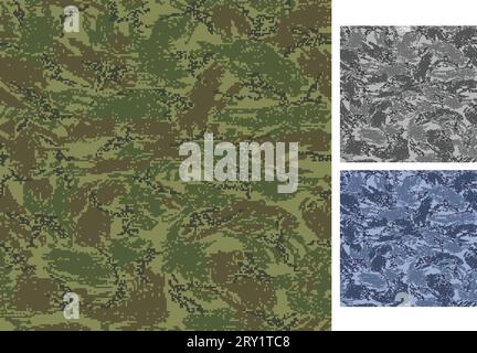 Set of camouflage seamless patterns. Pixelated shapes. Woodland, urban and navy color scheme. Stock Vector