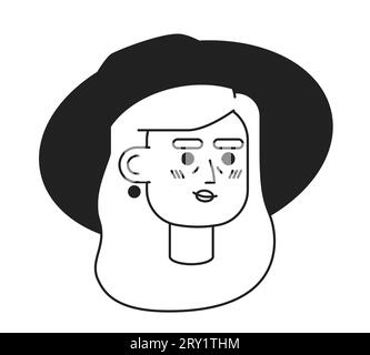 European senior woman straw hat black and white 2D vector avatar illustration Stock Vector