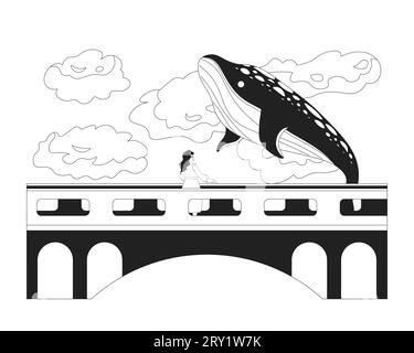 Flying whale above bridge with woman black and white 2D illustration concept Stock Vector