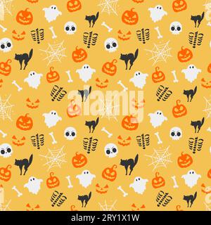 Halloween seamless pattern with ghosts skeleton pumpkins cats and spiderwebs on yellow background Stock Vector
