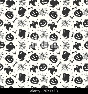 Black and white seamless halloween pattern background with ghosts skulls bats pumpkins and spiderwebs Stock Vector