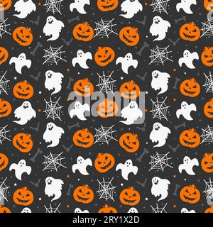 Happy halloween pattern with ghosts bones bats pumpkins and spiderwebs isolated on dark background Stock Vector