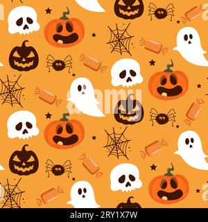 Halloween seamless pattern illustration with pumpkins and halloween ghosts Stock Vector