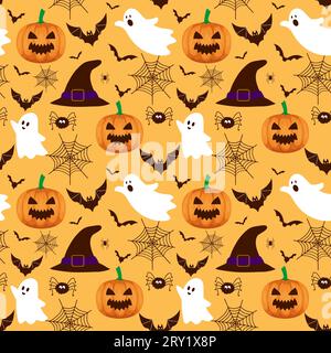 Halloween pattern background with pumpkin illustration and witch hats Stock Vector