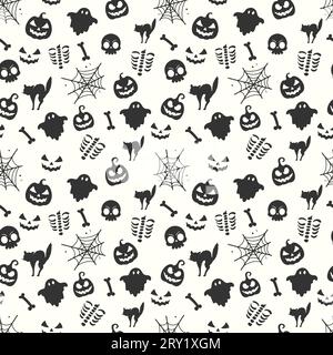 Happy halloween pattern with ghosts skeleton pumpkins cats and spiderwebs for background or wrapping paper design Stock Vector