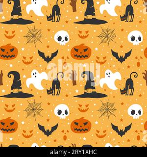 Halloween witch hat and pumpkins pattern background Stock Vector