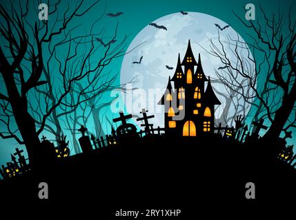 Happy halloween banner background with cemetery hunted castle flying bats dead trees and full glowing moon Stock Vector