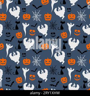 Halloween seamless pattern background illustration with ghosts cats bats pumpkins and spiderwebs Stock Vector