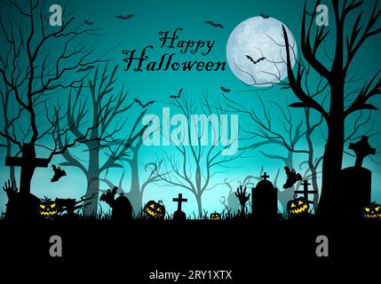 Halloween background with big glowing moon ball on night sky and bats flying in the forest of dead trees Stock Vector
