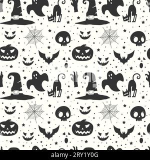 Black and white halloween pattern background with witch hat and halloween elements Stock Vector