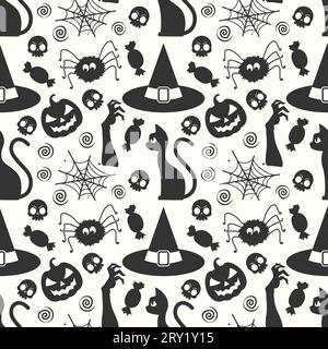 Black and white halloween pattern background with witch hat spider and halloween elements Stock Vector