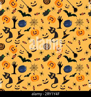 Halloween pattern with halloween candy and witch broom Stock Vector