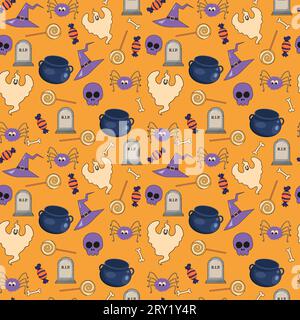 Halloween pattern illustration with ghost halloween candy and spiders Stock Vector