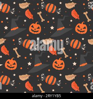 Dark halloween pattern with witch hat and halloween candy Stock Vector