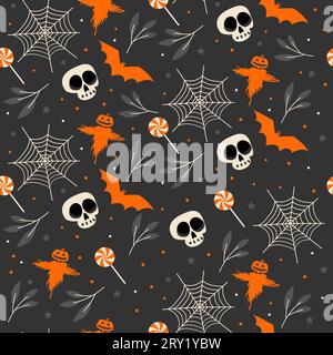 Dark halloween seamless pattern with scarecrow and spider net Stock Vector