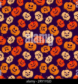 Halloween pattern with halloween pumpkins in different colors on dark background Stock Vector